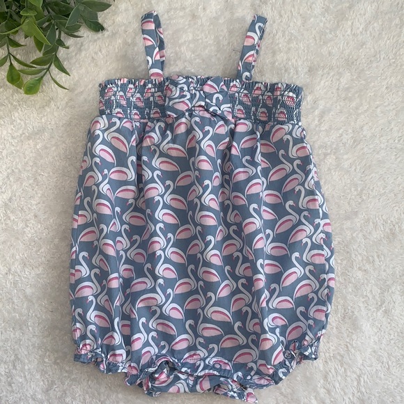 Janie and Jack Swan Print Bubble Romper 6-12M Grayish Blue & Pink EUC - Picture 1 of 8